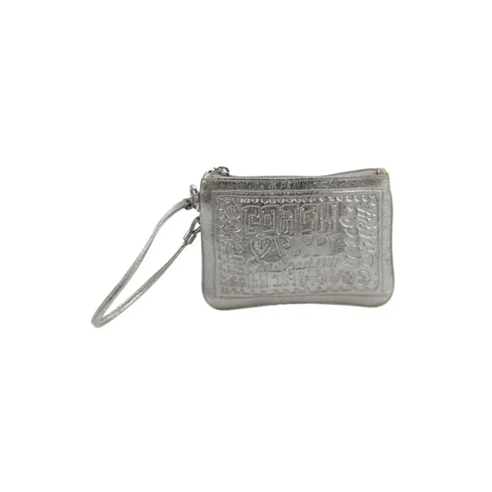 Coach Womens Poppy Embossed Leather Zippered Wristlet Silver